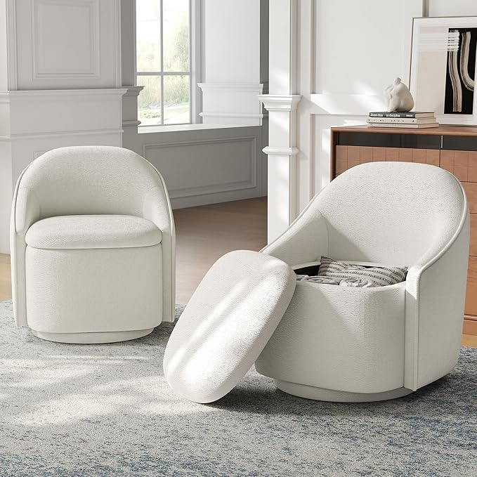 LINSY Swivel Accent Chair Set of 2, Comfy Chenille Barrel Chairs with Storage 360 Swivel Modern Armchair for Living Room Bedroom, Small Boucle Reading Chair for Study Room (Beige)