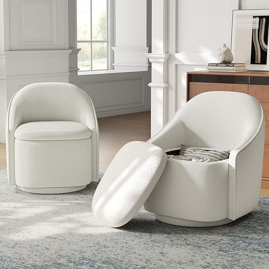 LINSY Swivel Accent Chair Set of 2, Comfy Chenille Barrel Chairs with Storage 360 Swivel Modern Armchair for Living Room Bedroom, Small Boucle Reading Chair for Study Room (Beige)