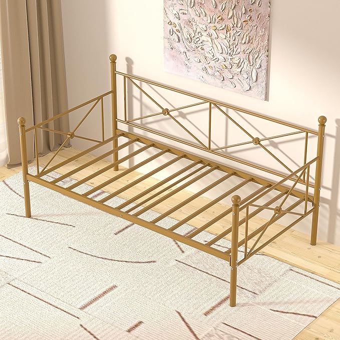 VECELO Daybed Twin Size, Day Bed Frame with Headboard, Heavy-Duty Metal Slats Support Platform for Living Room, Guest Room, Easy Assembly, Gold