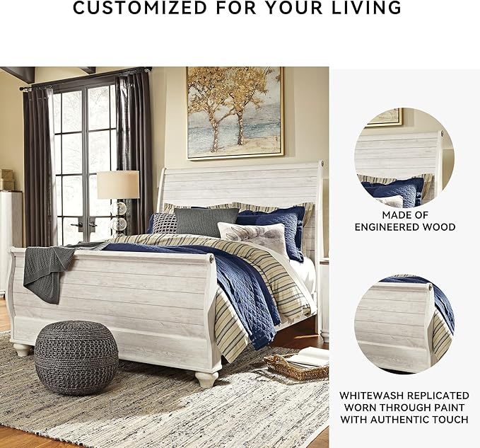 Signature Design by Ashley Willowton Vintage Queen Sleigh Bed with Metal Slats, Foundation or Box Spring Needed, Whitewash
