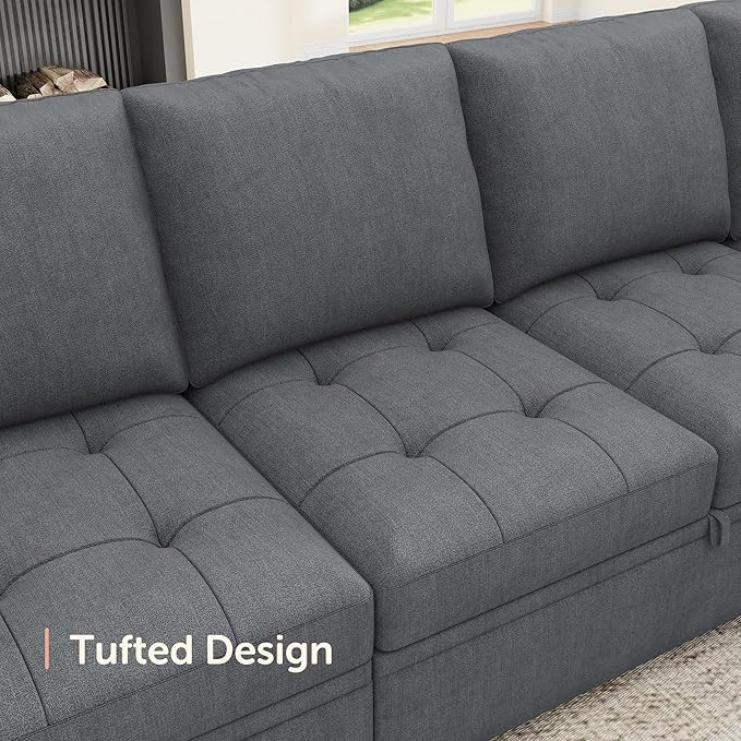 HONBAY Modular Sectional Sleeper Sofa with Pull Out Bed,U Shaped Couch with Storage Seat,Sectional Couches for Living Room,Bluish Grey