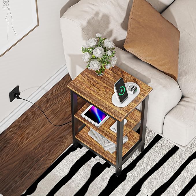 VECELO End Table with Charging Station and USB Ports, Small Wood Nightstand Modern, 24" Tall Living Room Side Table with 3-Tier Storage Shelves for Small Spaces, Office, Bedroom, Retro Brown, Set of 2