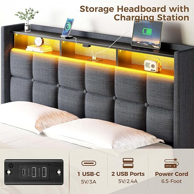 Rolanstar Bed Frame Queen Size with Lift Up Storage, Charging Station & LED Lights, Upholstered Storage Headboard, Heavy Duty Wooden Slats, No Box Spring Needed, Noise Free, Easy Assembly, Dark Grey