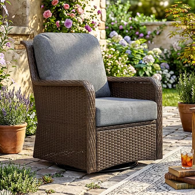 Tribesigns Outdoor Wicker Swivel Chair, Patio Rattan Rocking Chair with Thick Gray Cushions, 360 Degree Swivel Patio Chair for Deck, Backyard, Porch, Garden, Brown/Gray