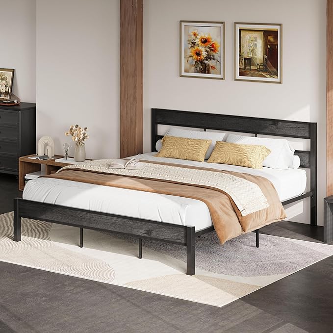 LIKIMIO California King Bed Frame with Headboard, Easy Assembly, Noise-Free, No Box Spring Needed, Heavy Strong Metal Support Frames, Charcoal Grey