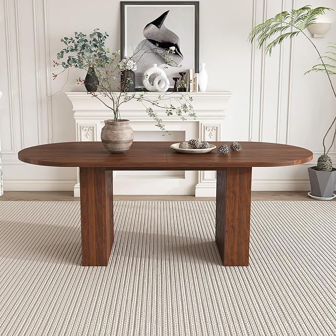 KEIKI 63" Oval Dining Table, Modern Farmhouse Dining Table for 6, Kitchen Table with Walnut Veneer Top & Sturdy Wood Metal Base, Scratch-Resistant Surface, Walnut