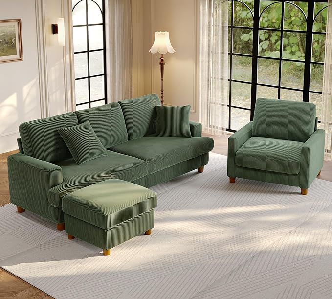 Welzona 87.2" Couches for living Room, Comfy Sectional Couch Green 7.5" Thicker Cushion, Sofas for Living Room Tool-Free Setup, Accent Chair with Ottoman 848lbs Support, Corduroy Couch for Home Office