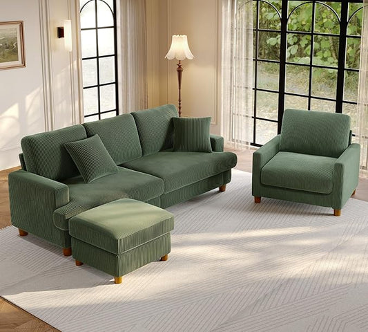 Welzona 87.2" Couches for living Room, Comfy Sectional Couch Green 7.5" Thicker Cushion, Sofas for Living Room Tool-Free Setup, Accent Chair with Ottoman 848lbs Support, Corduroy Couch for Home Office