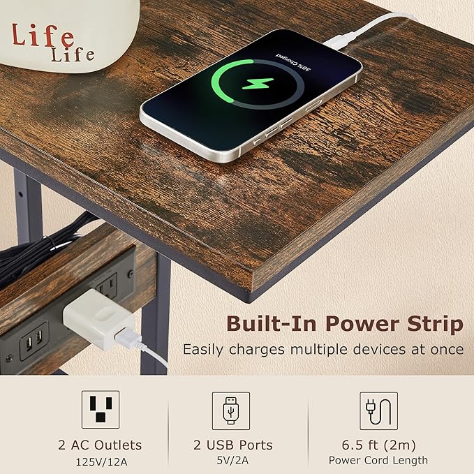 VECELO C-Shaped End Side Table Set of 2 with Charging Station & Two USB Ports and Outlets for Living Room, Bedroom, with Adjustable Feet for Couch/Sofa, Bedside, Small Spaces， Brown, 2