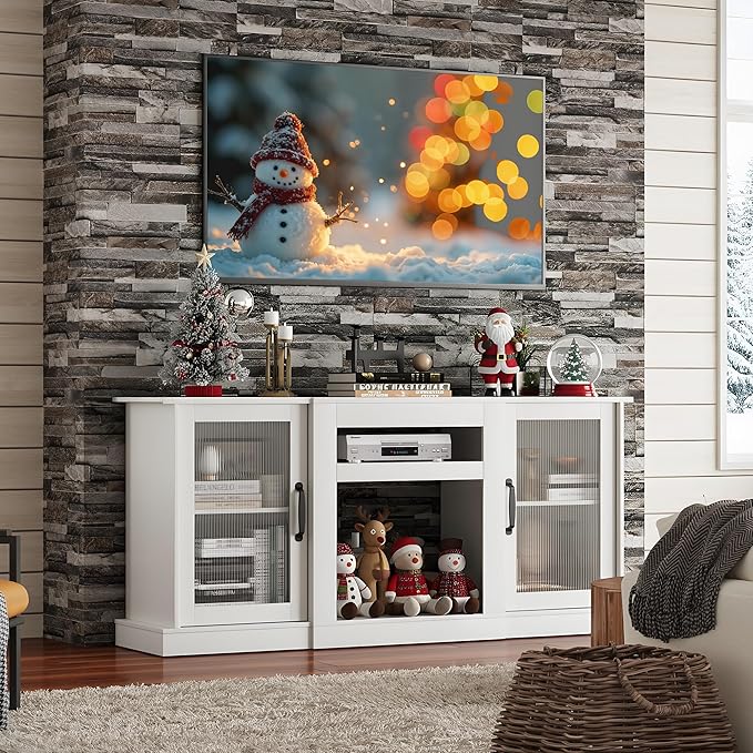 WLIVE Farmhouse TV Stand for 65 inch TV, 58" Entertainment Center with Storage Cabinets, Open Shelves TV Console for Living Room and Bedroom, White