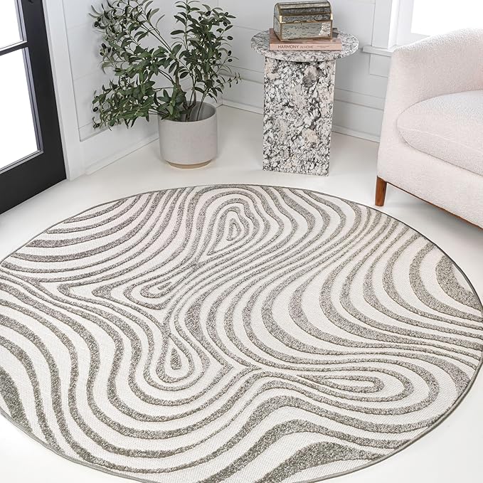 JONATHAN Y Maribo High-Low Abstract Striped Gray/Ivory 6' Round Indoor/Outdoor Area Rug, Pet Friendly, Non-Shedding, Stain Resistant, Easy-Cleaning for Backyard, Patio, Porch (SCN103B-6R)
