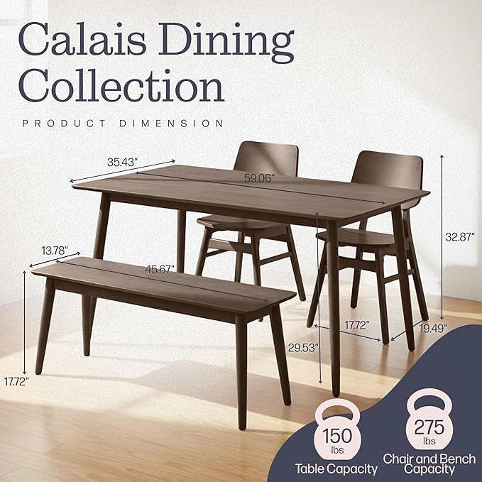 Alaterre Furniture Calais Dining – 4 Piece Dining Table Set for 4 with Chairs and Bench – Mid Century Modern 59-Inch Solid Wood Kitchen & Dining Room Table with Bench, and 2 Chairs (Walnut Finish)
