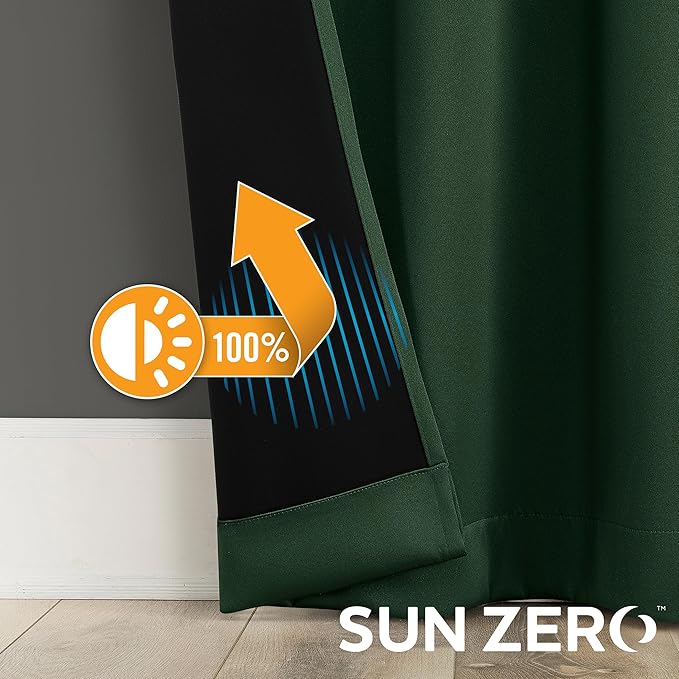 Sun Zero Nordic 2-Pack Theater Grade Noise Reducing Extreme 100% Blackout Grommet Curtain Panel Pair, 52" x 108", Evergreen
