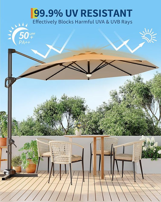 GarveeLife 10FT Patio Umbrella Outdoor Solar LED Large Cantilever Umbrella Market Sun Shade Windproof Offset Umbrella with 360-Degree Rotation for Garden Deck Pool Patio, Tan
