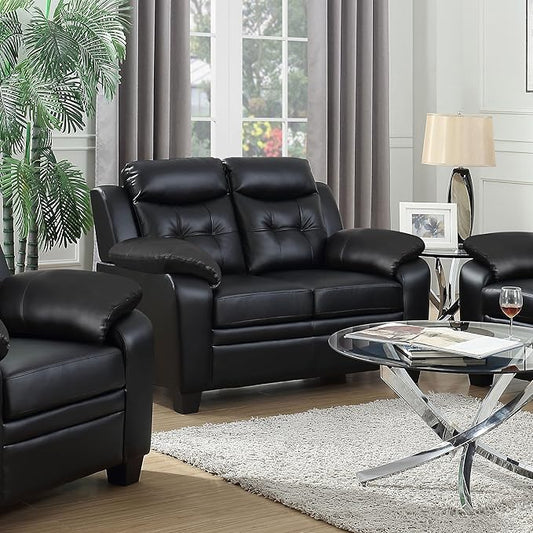 Coaster Home Furnishings - Finley - Leatherette - Upholstered Tufted Loveseat with Flared Armrest, and Tapered Legs - Living Room - Black - 506552