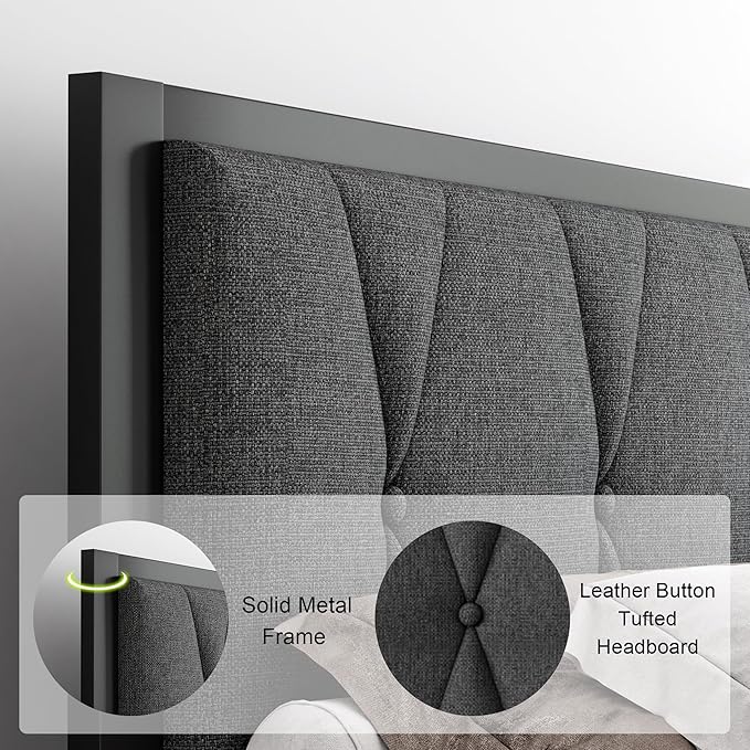 Feonase Queen Metal Bed Frame with Fabric Button Tufted Headboard, Platform Bed with Heavy Duty Metal Slats, 12 Inch Storage Space, Noise Free, No Box Spring Needed, Dark Grey