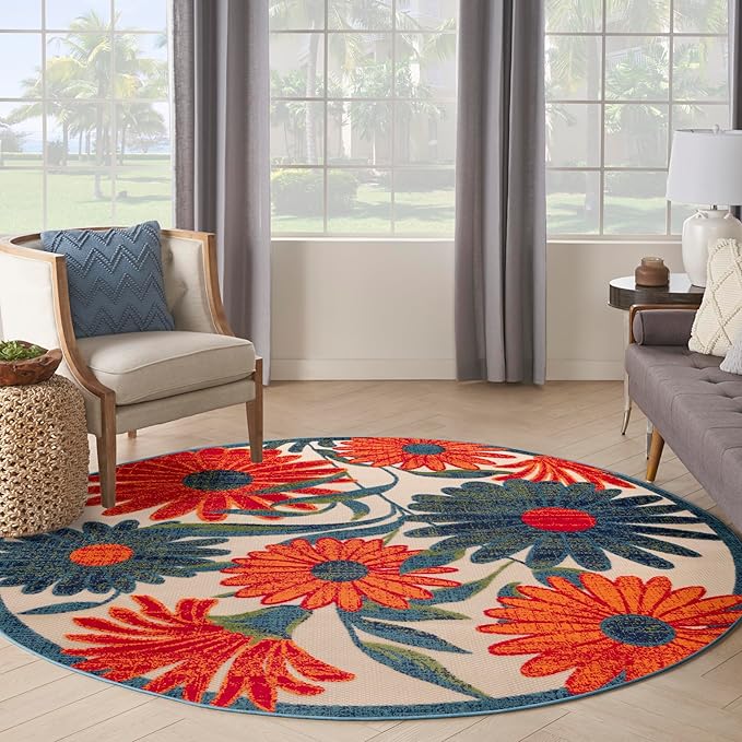 Nourison Home Aloha Ivory Multicolor 7'10" x Round Area Rug - Easy Clean, Non Shedding, Bed Room, Living Room, Dining Room, Kitchen (8' x Round)