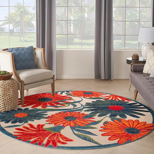Nourison Home Aloha Ivory Multicolor 7'10" x Round Area Rug - Easy Clean, Non Shedding, Bed Room, Living Room, Dining Room, Kitchen (8' x Round)