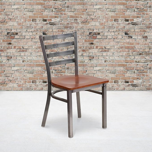 Flash Furniture HERCULES Series Clear Coated Ladder Back Metal Restaurant Chair - Cherry Wood Seat