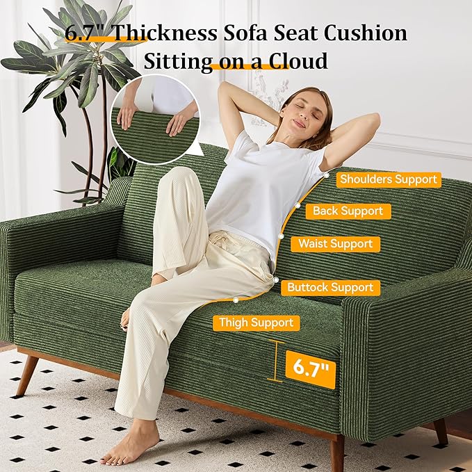 Vipbear 65.4" Loveseat Sofa Green Corduroy Couch, Mid-Century Modern Small Couches for Living Room, Bedroom, Office, Comfy Sofa with Spring Cushion, Solid Wood Frame, Tool-Free Assembly