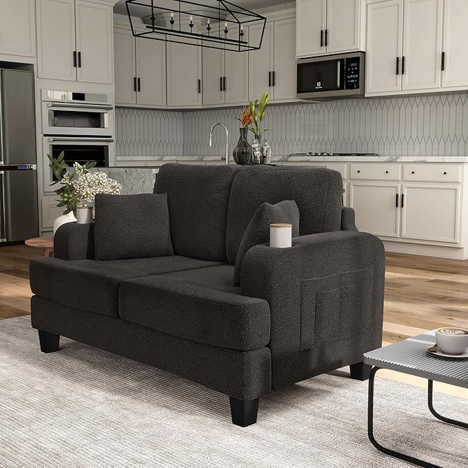 Homes: Inside + Out Reese Modern Plush Boucle Comfortable Loveseat with Side Pockets, Cup Holders and Pillows, Wooden Soft Couch for Living Room, Bedroom and Office, Dark Grey