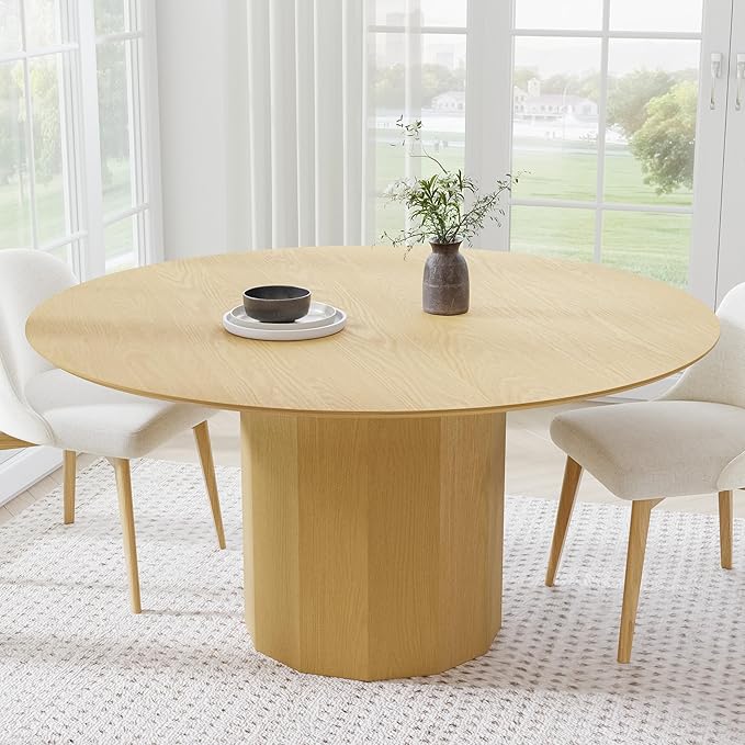 Casaphoria 60" Round Dining Table, Modern Wood Kitchen Table with Cylinder Polygonal Base for Living Room & Dining Room, Easy Assembly Farmhouse Furniture for 4-6, Oak