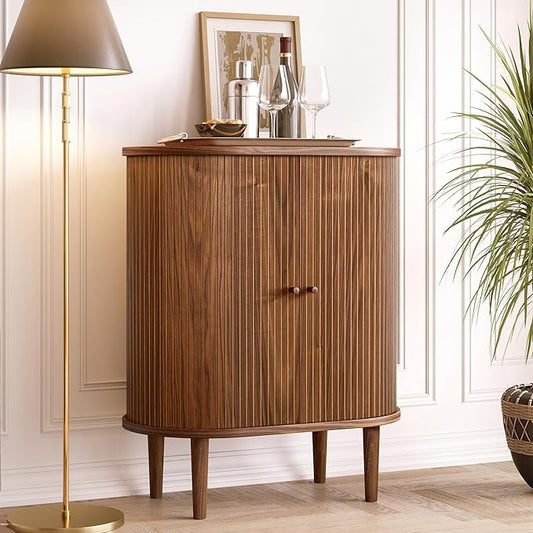 WERMO 28'' Bar Cabinet with Storage - Coffee and Wine Bar Buffet Cabinet with Sliding Doors and Adjustable Shelves. Sideboard Storage Cabinet, Dining Room Cabinet for Kitchen and Living Room (Walnut)
