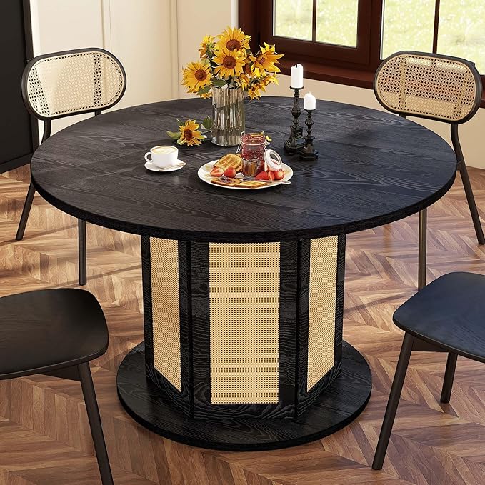 YITAHOME Round Dining Table for 4-6 People 47 Inch Circle Dining Table with Wooden Rattan Base Modern Farmhouse Kitchen Table Round for Dining Room Kitchen Apartment, Black