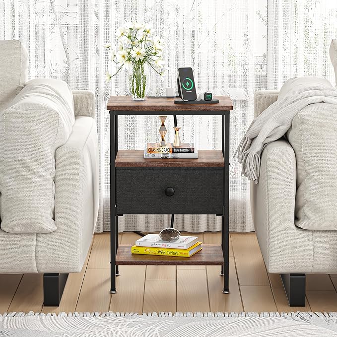 VECELO Bedside Tables Set of 2 with Charging Station,End Tables with Storage Shelf&Fabric Drawer,Bedside Tables for Bedroom,Living Room,Small Spaces,Brown