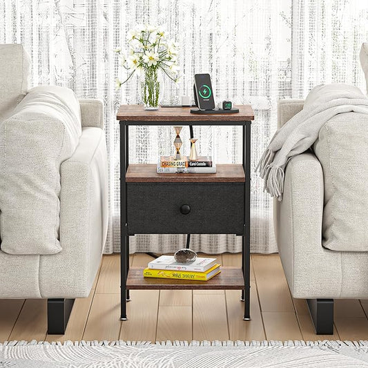 VECELO Bedside Tables Set of 2 with Charging Station,End Tables with Storage Shelf&Fabric Drawer,Bedside Tables for Bedroom,Living Room,Small Spaces,Brown