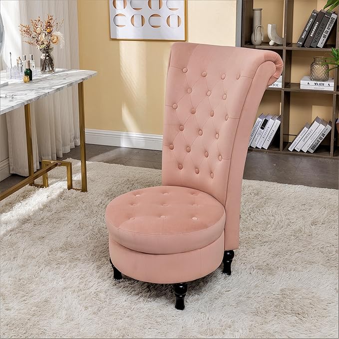 Royal High-Back Velvet Accent Chair for Vanity with Storage and Luxurious Upholstery, Retro Design and Versatile Usage for Living Room, Bedroom, Lounge and Office, Rose