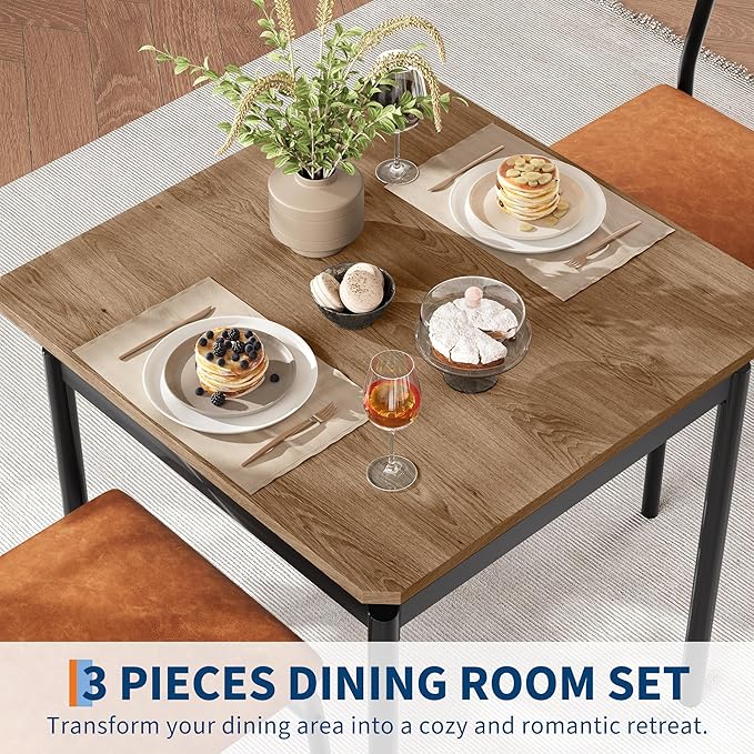 Garvee 3 Piece Dining Table Set, Kitchen Table Set for 2 with 2 PU Upholstered Chair, Industrial Metal Frame Dinette Set for Small Space, Dining Room, Apartment, Studio, Brown