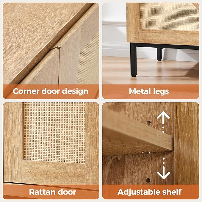 Mericonia Buffet Cabinet with Storage, Sideboards 2 Doors with Metal Base and Adjustable Shelf for Kitchen, Coffee Bar, Entryway, Hallway,Living Room (2 Door Buffet Cabinet, Rattan-Natural 2.0)