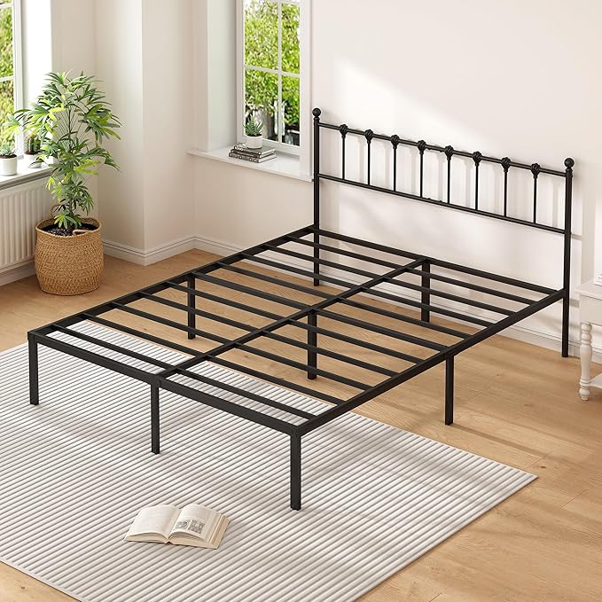 King Size Bed Frame with Modern Headboard, Metal Platform Bed Base with Strong Support, No Box Spring Needed, Easy Assembly, Noise Free，Black