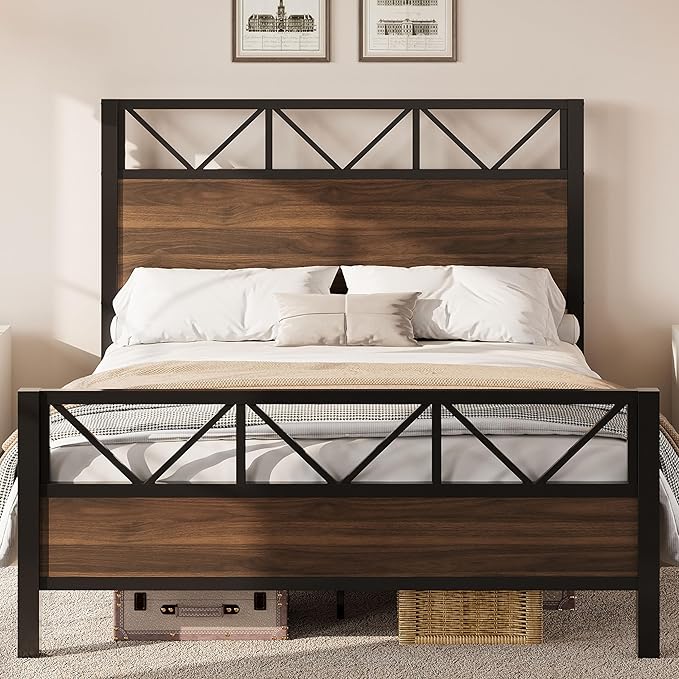 LIKIMIO Queen Bed Frame, Tall Industrial Headboard 51.2 ", Platform Bed Frame with Strong Metal Support, Solid and Stable, Noise Free, No Box Spring Needed, Easy Assembly, Walnut