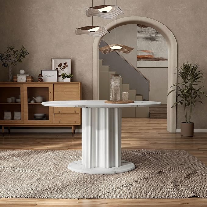 Homes: Inside + Out Elara Modern 54-inch Oval Dining Table with Fluted Pedestal Base, Seats up to 4, for Home Kitchen, Living Room, White