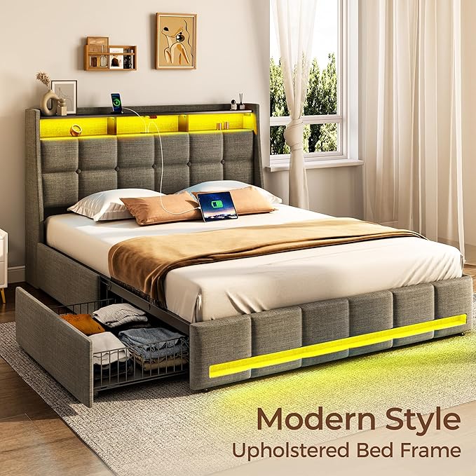 Rolanstar Full Size Bed Frame with RGB LED Lights & Charging Station, Upholstered Storage Headboard with 4 Drawers, Heavy Duty Metal Frame, No Box Spring Needed, Easy Assembly