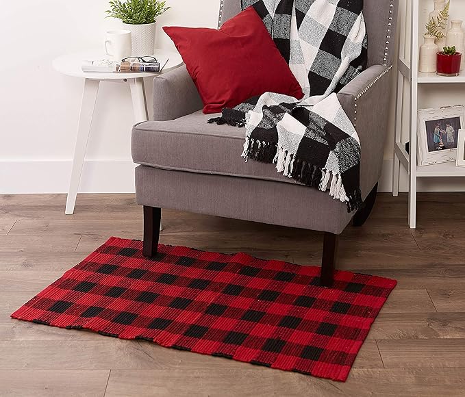 DII Buffalo Check Rug Collection, Hand Dyed Reversible Chindi Rug, 26x40, Red/Black