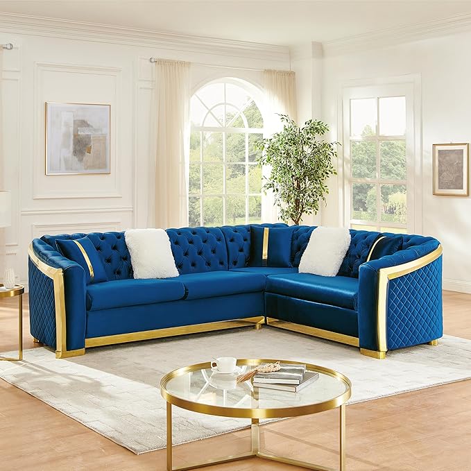 KEIKI 106" L-Shaped Luxury Velvet Chesterfield Sectional Sofa with Gold Stainless Steel Accents and 5 Pillows, Mid-Century Oversized 5-Seater Button Tufted Couch, Easy Assembly, for Living Room, Blue