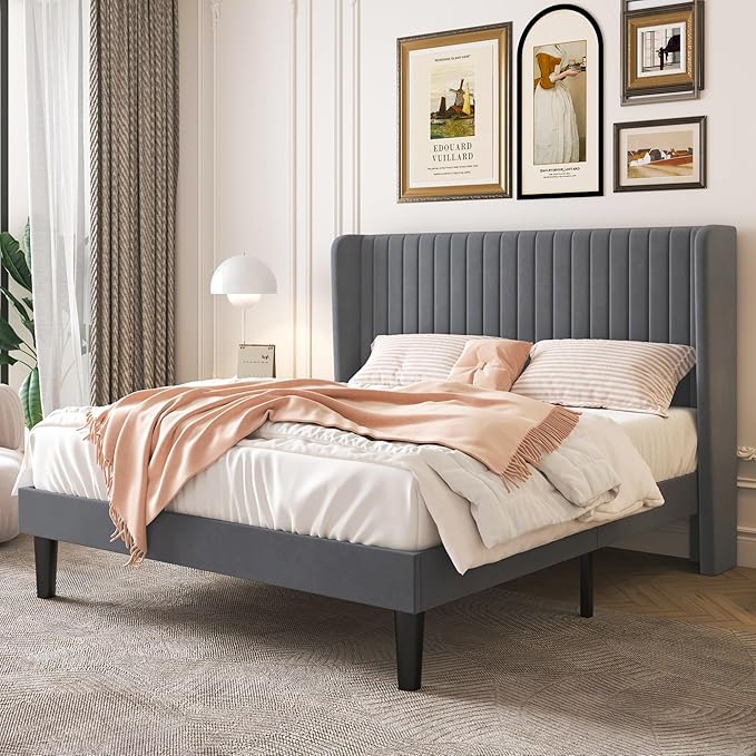 SHA CERLIN Full Size Velvet Bed Frame with Vertical Channel Tufted Wingback Headboard, Upholstered Platform Bed with Wood Slats, No Box Spring Needed, Easy Assembly, Grey