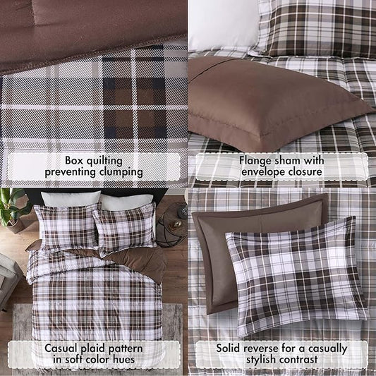Madison Park Essentials Parkston Plaid Comforter, Matching Sham, 3M Scotchguard Stain Release Cover, Hypoallergenic All Season Bedding-Set, Twin/ Twin XL, Brown, 2 Piece