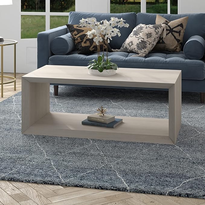 Henn&Hart 48" Rectangular Wood Coffee Table with Open Storage Shelf for Living Room, Family Room, or Office, Beech White
