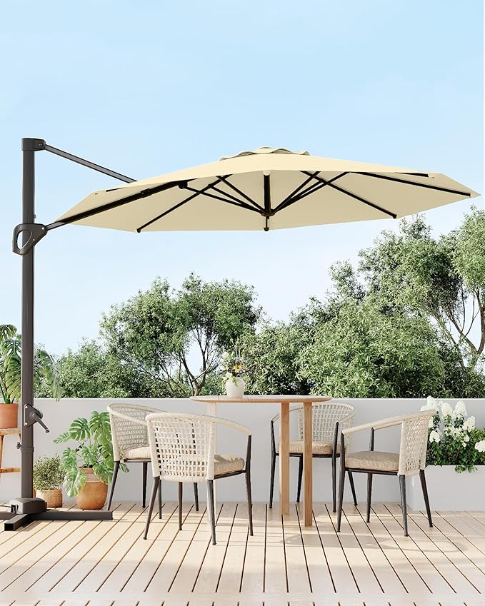 GarveeLife 10 ft Cantilever Umbrella Outdoor Patio Umbrella Market Offset Umbrella Sun Shade Windproof with 360-Degree Rotation for Patio Garden Deck Pool, Beige