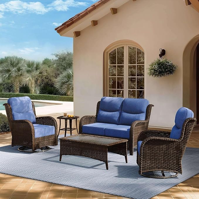 High Back Outdoor Furniture with Extra Thick Cushion Patio Swivel Rocking Chairs, Comfort Loveseat, 5PCS Oversized Wicker Conversation Set for Porch, Deck, Yard in Blue
