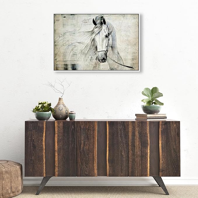 Country Farmhouse Canvas Print Painting Animal Wall Art 'Southern White Horse' White Framed Canvas Rustic Home Décor 30x20 in Gray, Brown by Oliver Gal