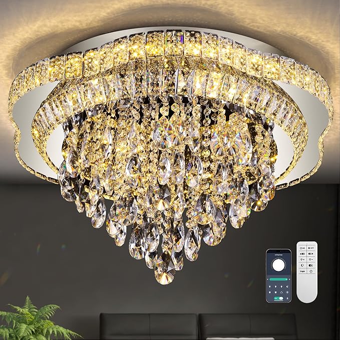 24" Sliver Crystal LED Ceiling Light Fixture with Remote Control,Flush Mount Chandelier with 3-Color Dimmable for Living Room Bedroom Dining Room Hallway - Modern Flower Design