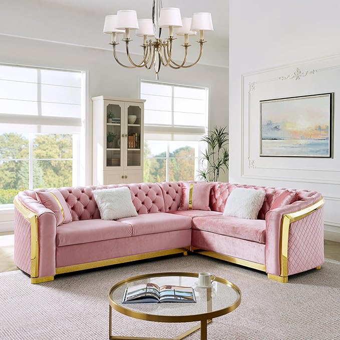 KEIKI 106" L-Shaped Luxury Velvet Chesterfield Sectional Sofa with Gold Stainless Steel Accents and 5 Pillows, Mid-Century Oversized 5-Seater Button Tufted Couch, Easy Assembly, for Living Room, Pink