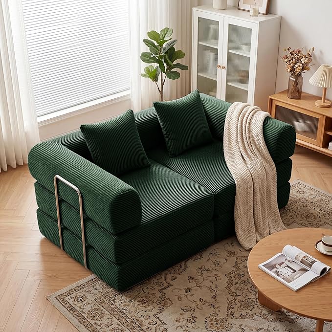 Convertible Compressed Corduroy Folding Cloud Sofa Bed, 59'' Modern Boneless Pull Out Loveseat Sleeper in a Box, 5 in 1 Floor Mattress Futon Cloud Couch, No Assembly Needed, Green, 2 Pillows, Queen