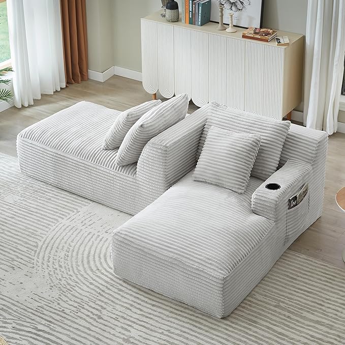 Eafurn Oversized Double Chaise Lounge Indoor with Cup Holders & Side Pocket, 71" Plush Corduroy Boneless Chaise Lounge Sofa with High Density Sponge & Deep High Seat Comfy Sleeper Couch Bed | Breathable material, No Assembly, 52" Deep Seat, 19.7" High ...