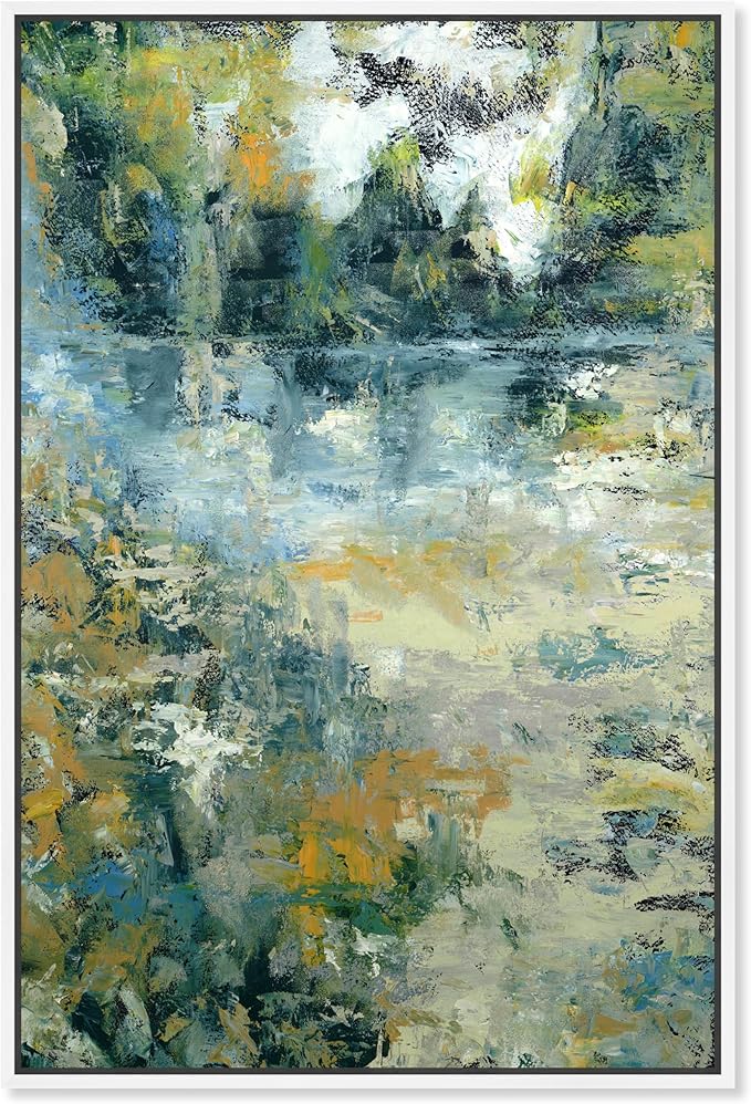 Art Remedy Green Moss Monet Garden Green Abstract Canvas Wall Art, White Floater Frame, 10"x15"